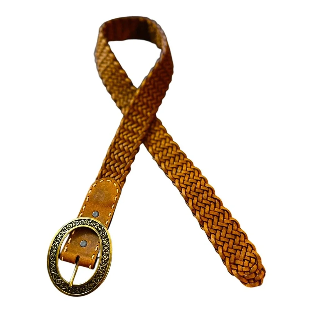 Vtg Brighton Womens Braided Leather Belt L/34 Brown Brass Buckle‎ Boho Western